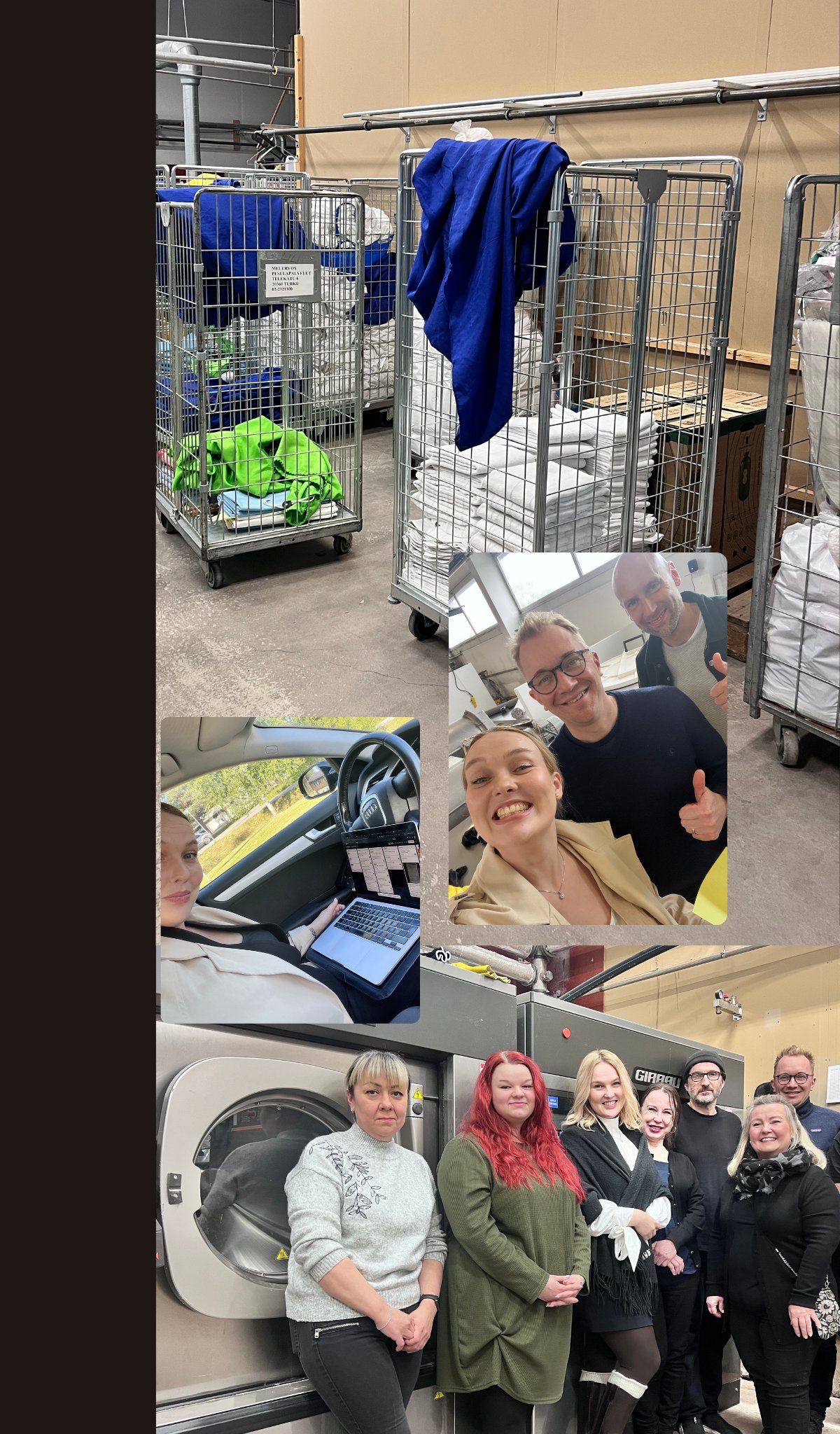 Melers laundry facility with roll cages of linens, and the Askel team on-site